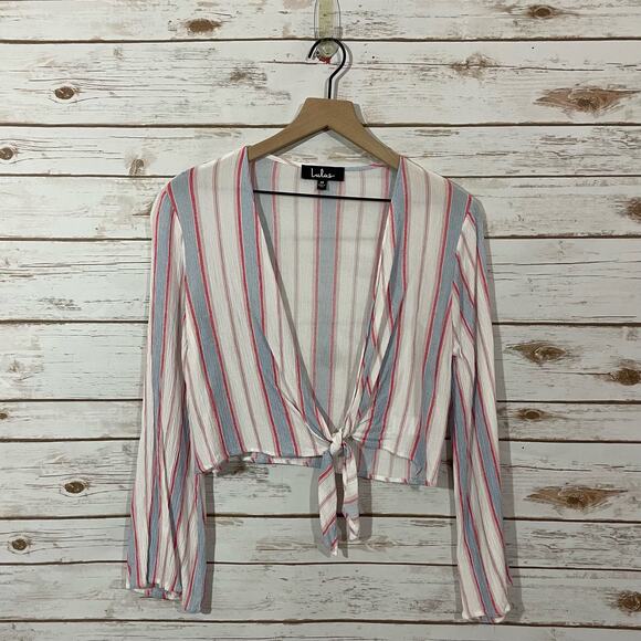 Lulus Pippi Pink Striped Tie-Front Bell Sleeve Top - Medium - Picture 12 of 13